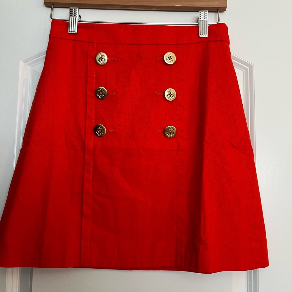 NWOT J Crew Marine Orange Red High Waist Linen Cotton Skirt Gold Buttons Sz 0P